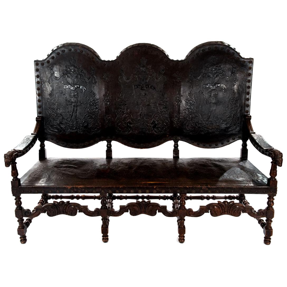 Spanish Carved Walnut and Stamped Leather Bench