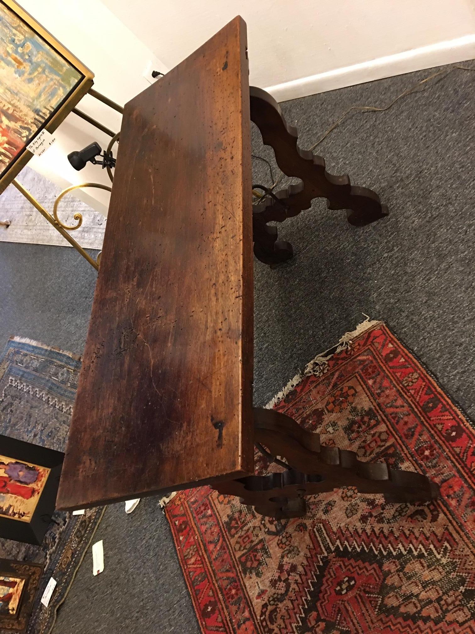 Spanish Carved Walnut Console Table with Iron Stretchers, 19th Century 1