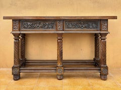 Spanish Walnut Console Table, Hand-Carved Renaissance Revival, 1890