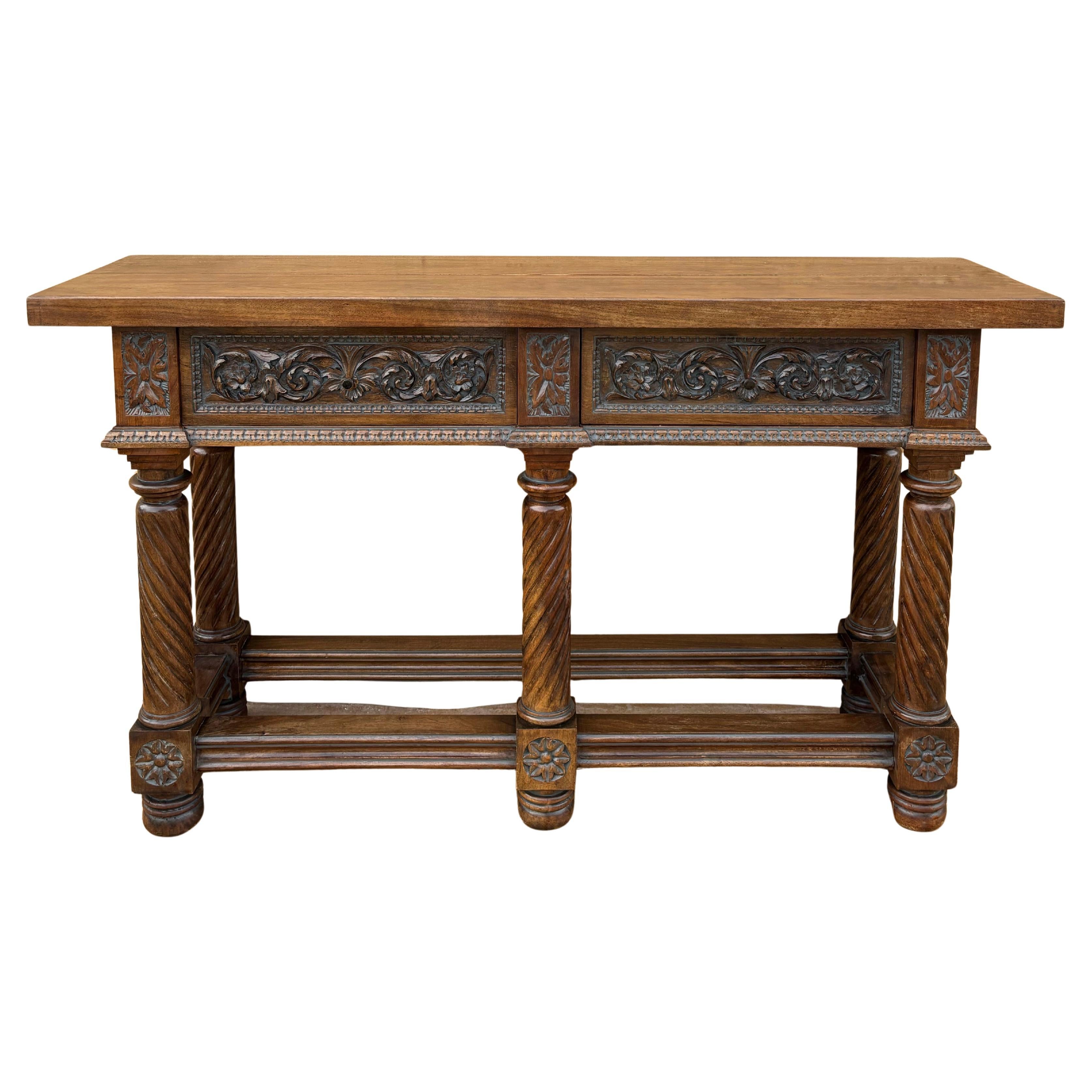 Spanish Carved Walnut Console Table with Two Drawers, Circa 1890