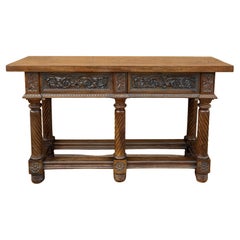 Console espagnole en noyer sculpté avec deux tiroirs, vers 1890