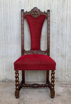 Spanish Carved Walnut Set of Six Chairs with Red Velvet Seat and Back