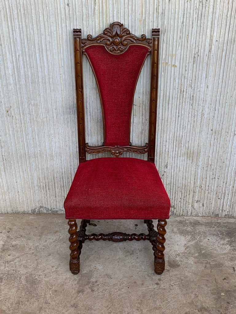 Spanish Carved Walnut Set of Six Chairs with Red Velvet Seat and Back