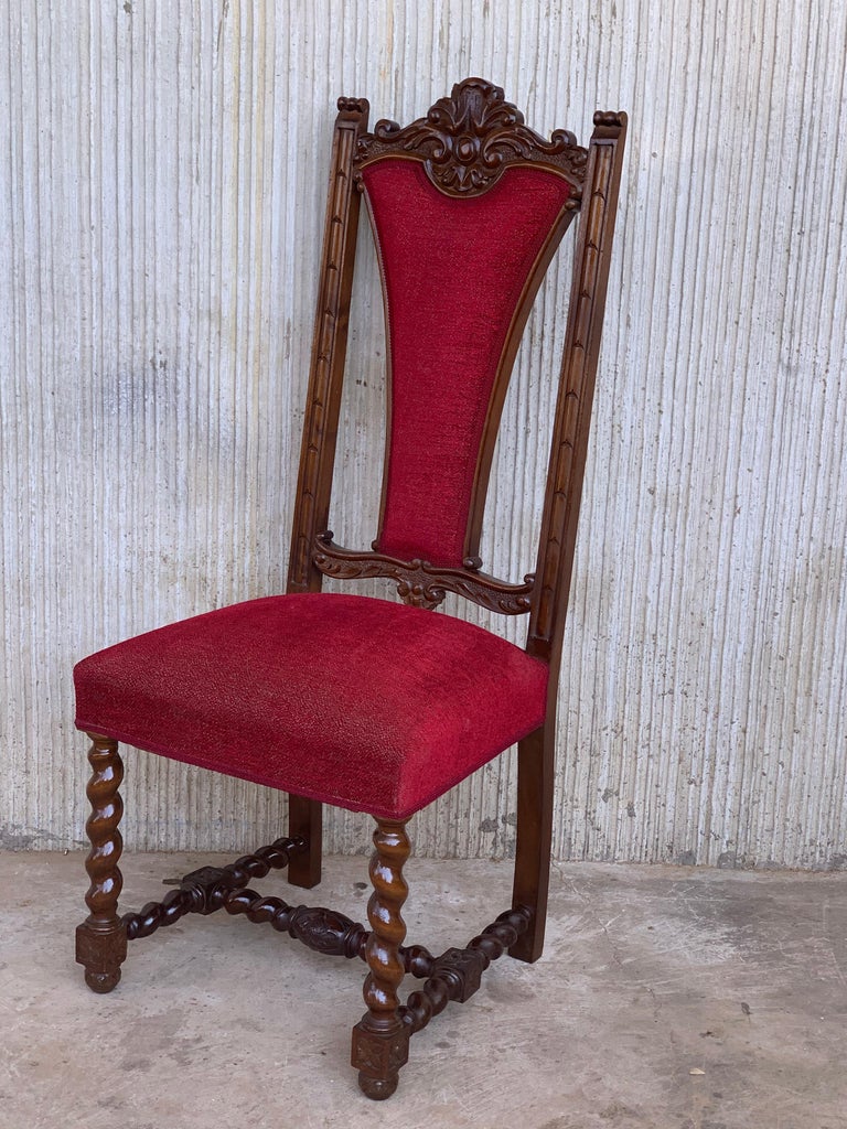 Spanish Carved Walnut Set of Six Chairs with Red Velvet Seat and Back