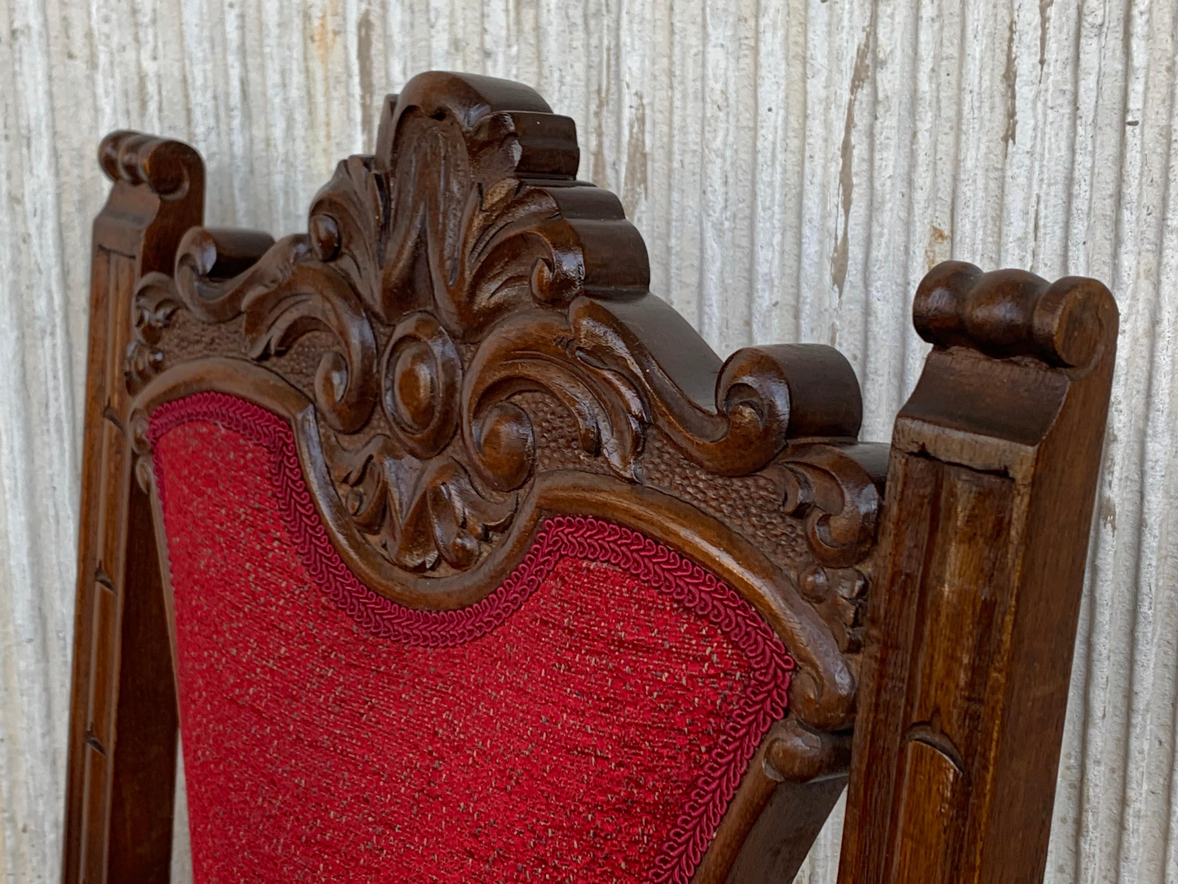 20th Century Spanish Carved Walnut Set of Six Chairs with Red Velvet Seat and Back For Sale