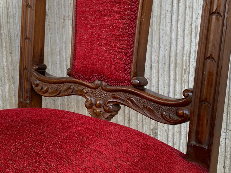 Spanish Carved Walnut Set of Six Chairs with Red Velvet Seat and Back