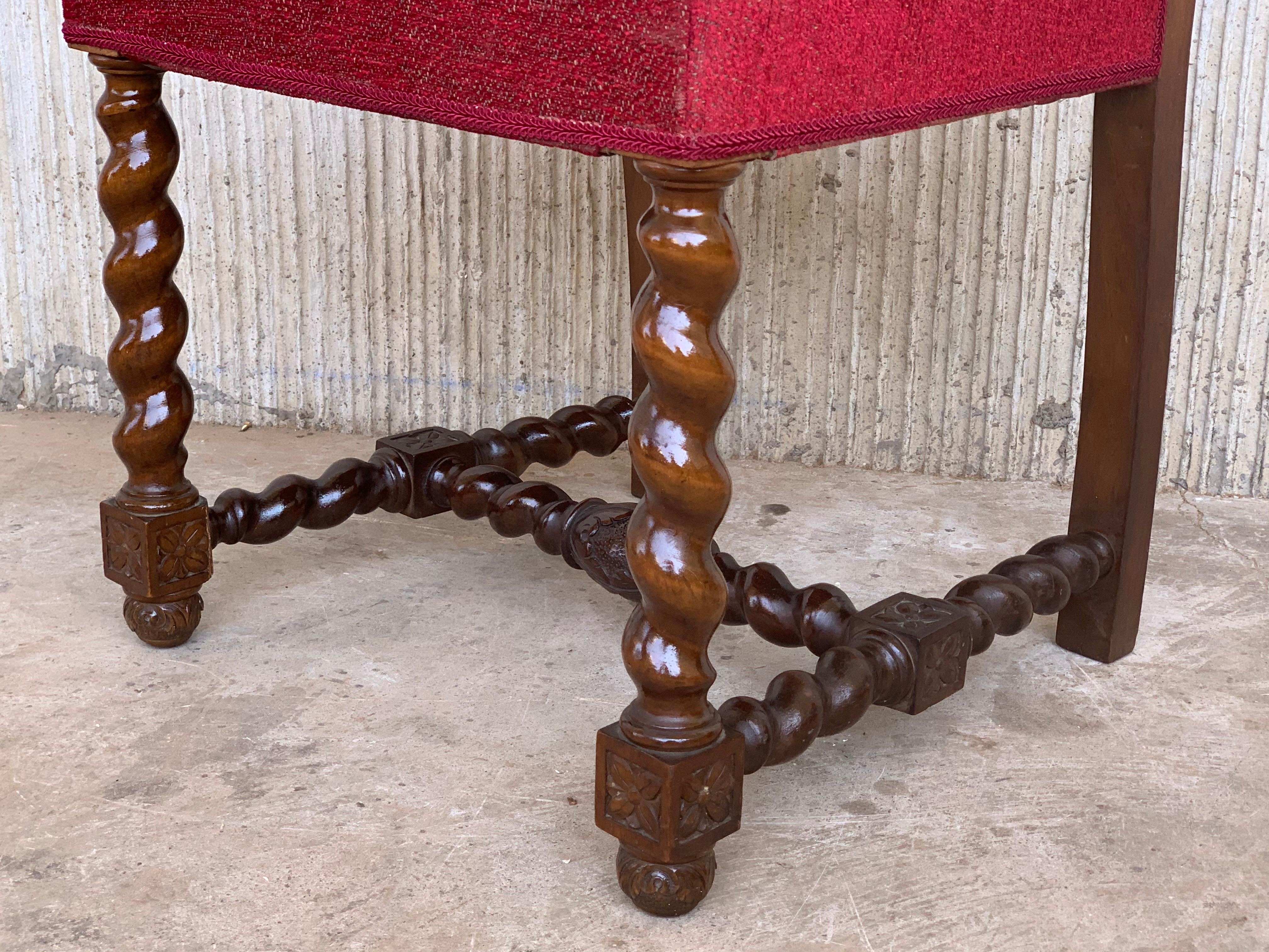 Spanish Carved Walnut Set of Six Chairs with Red Velvet Seat and Back For Sale 2