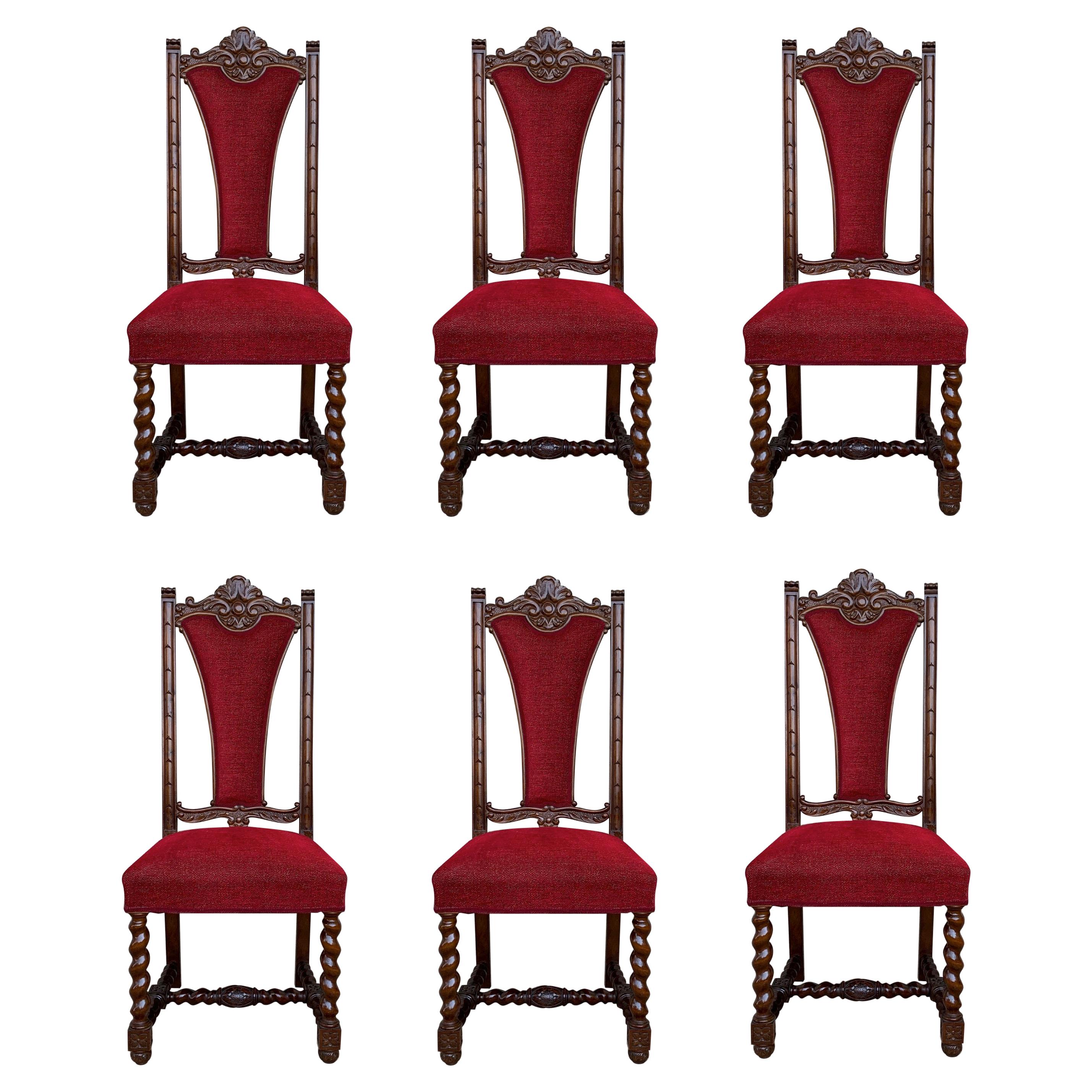Spanish Carved Walnut Set of Six Chairs with Red Velvet Seat and Back