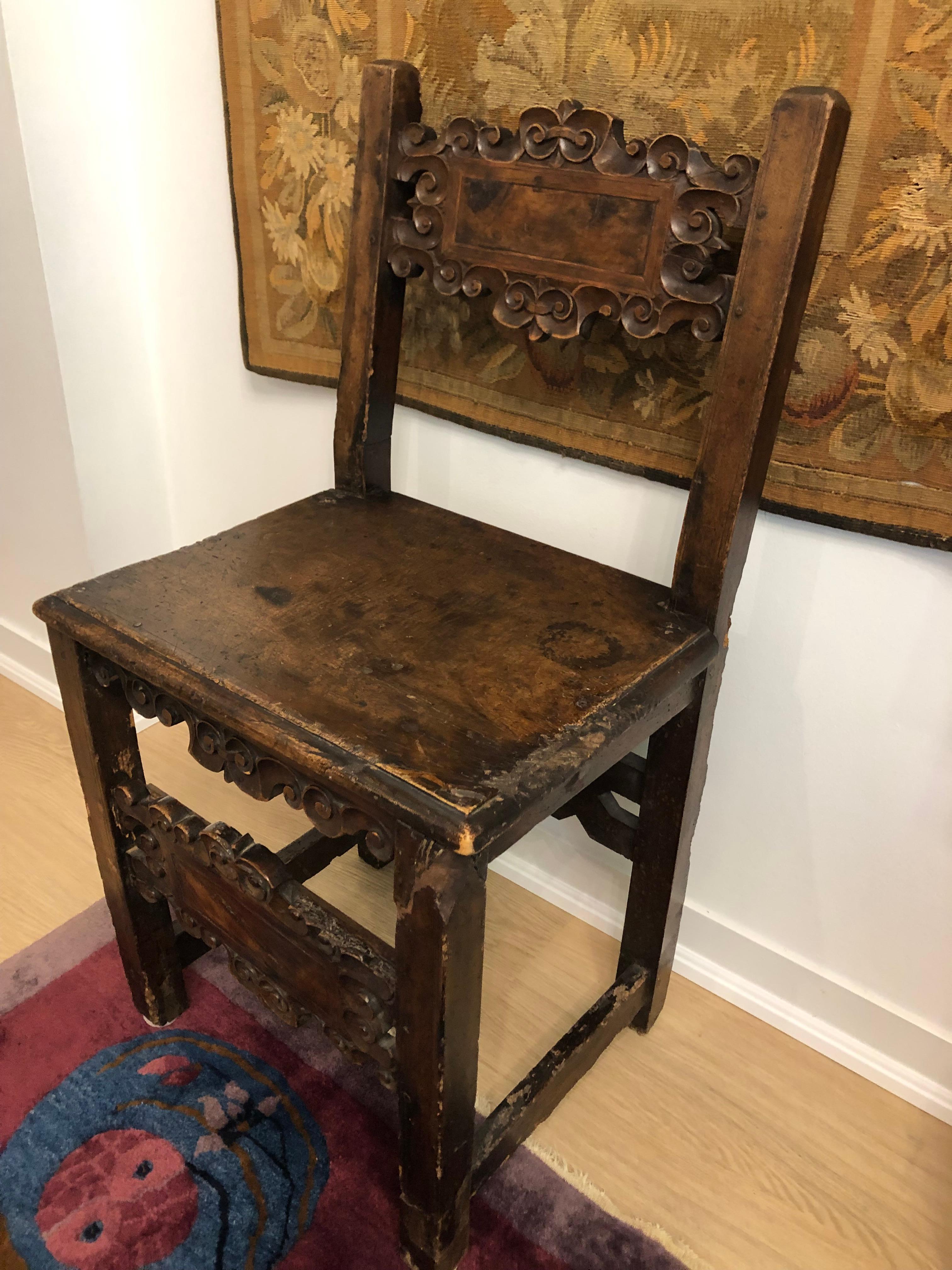 Renaissance Spanish Carved Walnut Side Chair 17th Century
