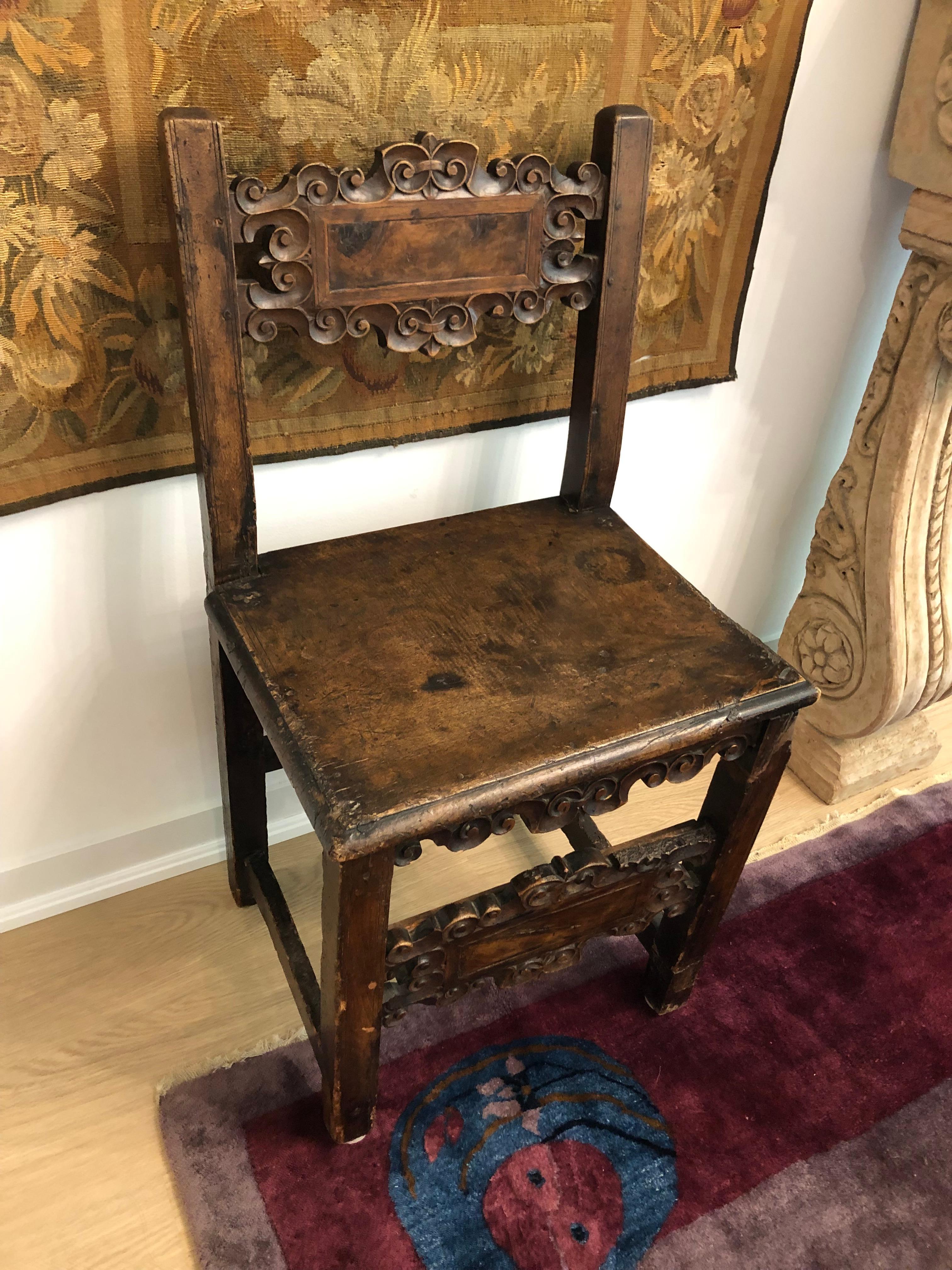 18th Century and Earlier Spanish Carved Walnut Side Chair 17th Century