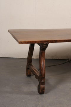 Spanish Carved Walnut Wood Trestle-Leg Table w/Forged Iron Stretcher, 8+ Ft Long