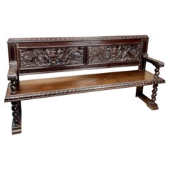 Spanish Carved Wood Bench with Barley Twist Legs, 20th Century
