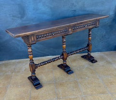 Spanish Carved Wood Console Table with Two Drawers Signed by Valenti, 1920s