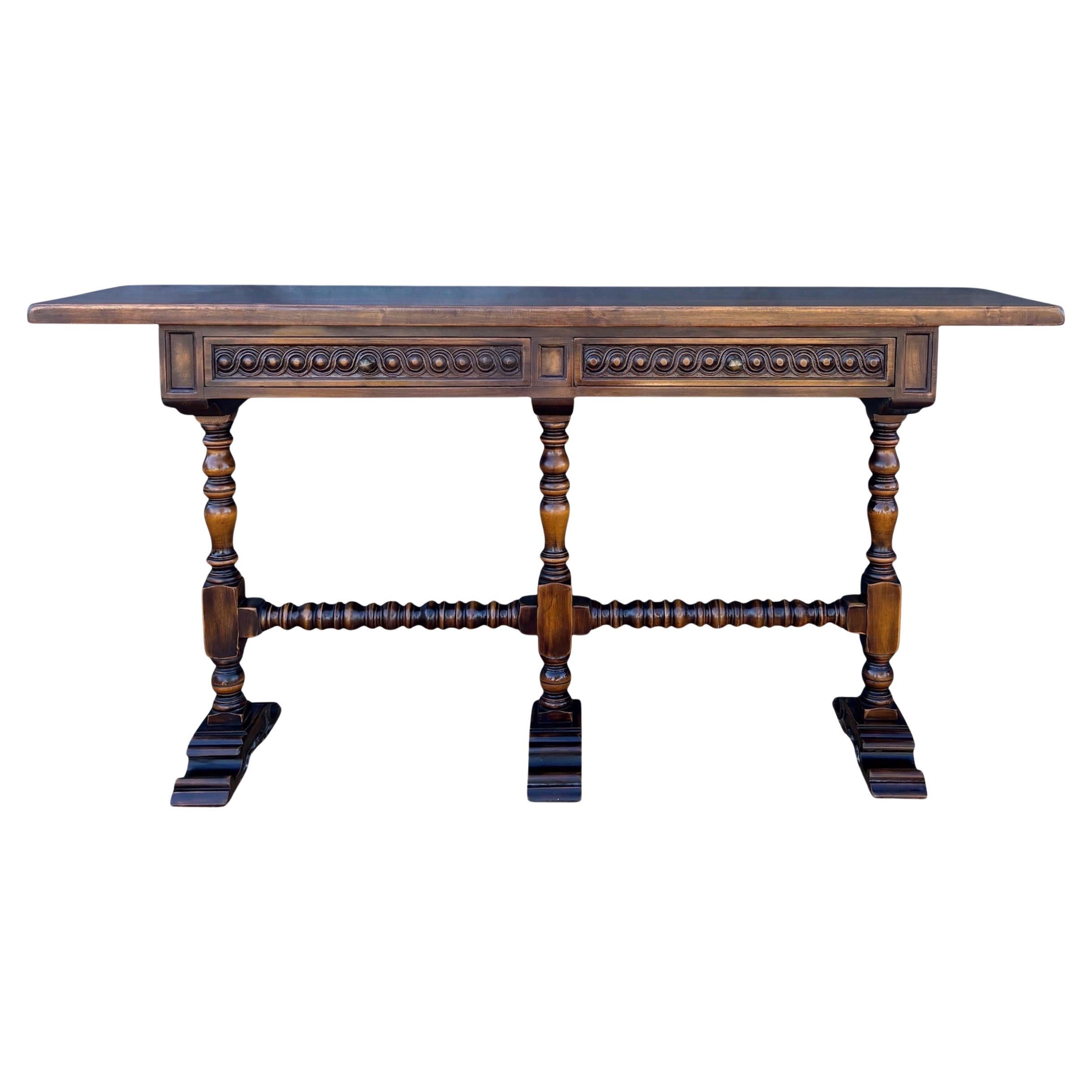 Spanish Carved Wood Console Table with Two Drawers Signed by Valenti, 1920s For Sale