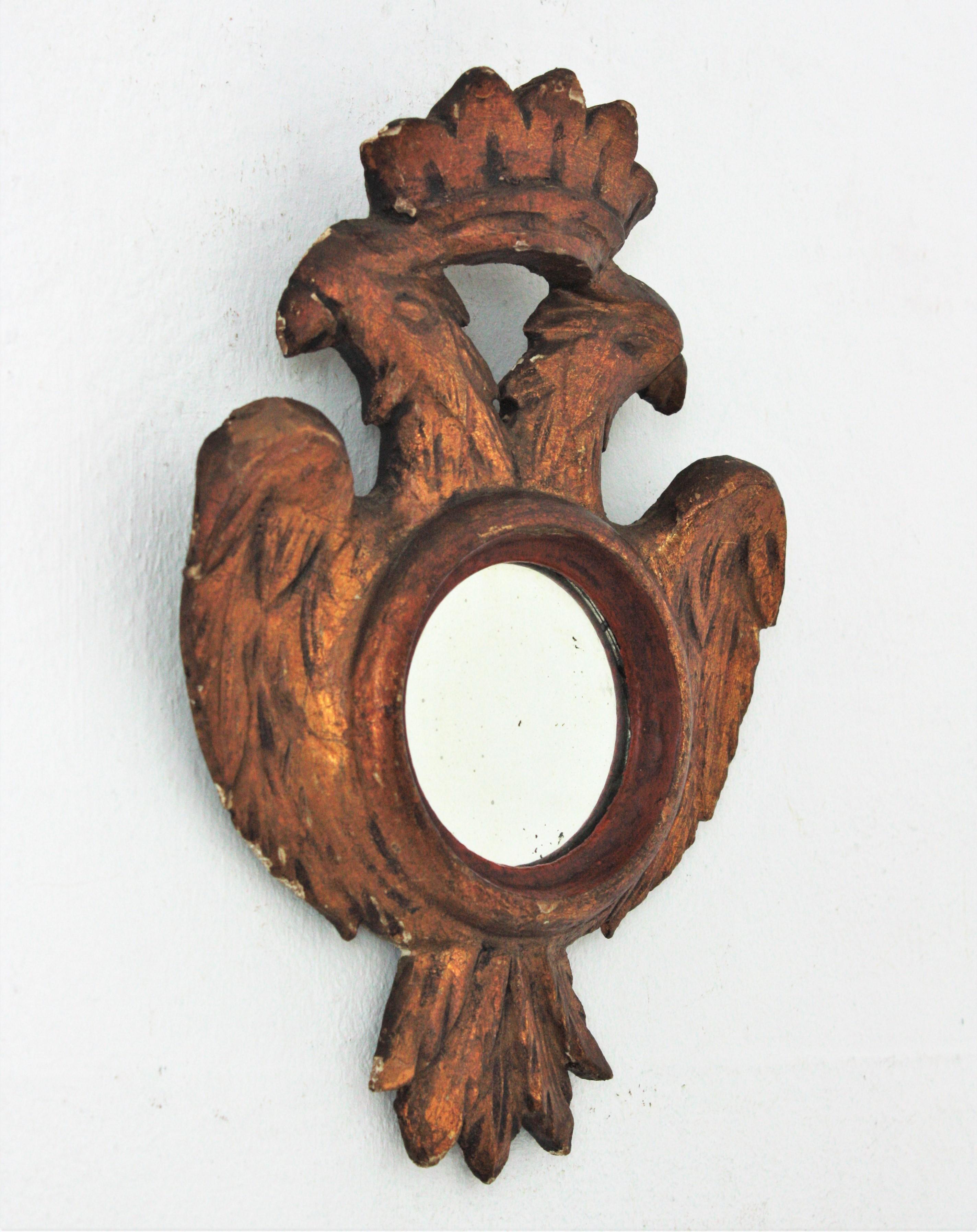 Spanish Carved Wood Double Headed Eagle Mini Sized Mirror In Good Condition For Sale In Barcelona, ES