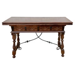 Spanish Carved Wood Drop-Leaf Table with Iron Stretcher