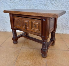 Spanish Carved Wood Side Table with Geometric Decoration and Spiral Legs