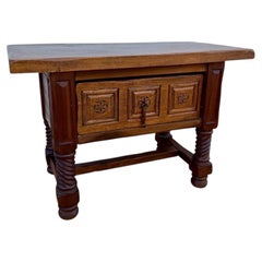 Spanish Carved Wood Side Table with Geometric Decoration and Spiral Legs
