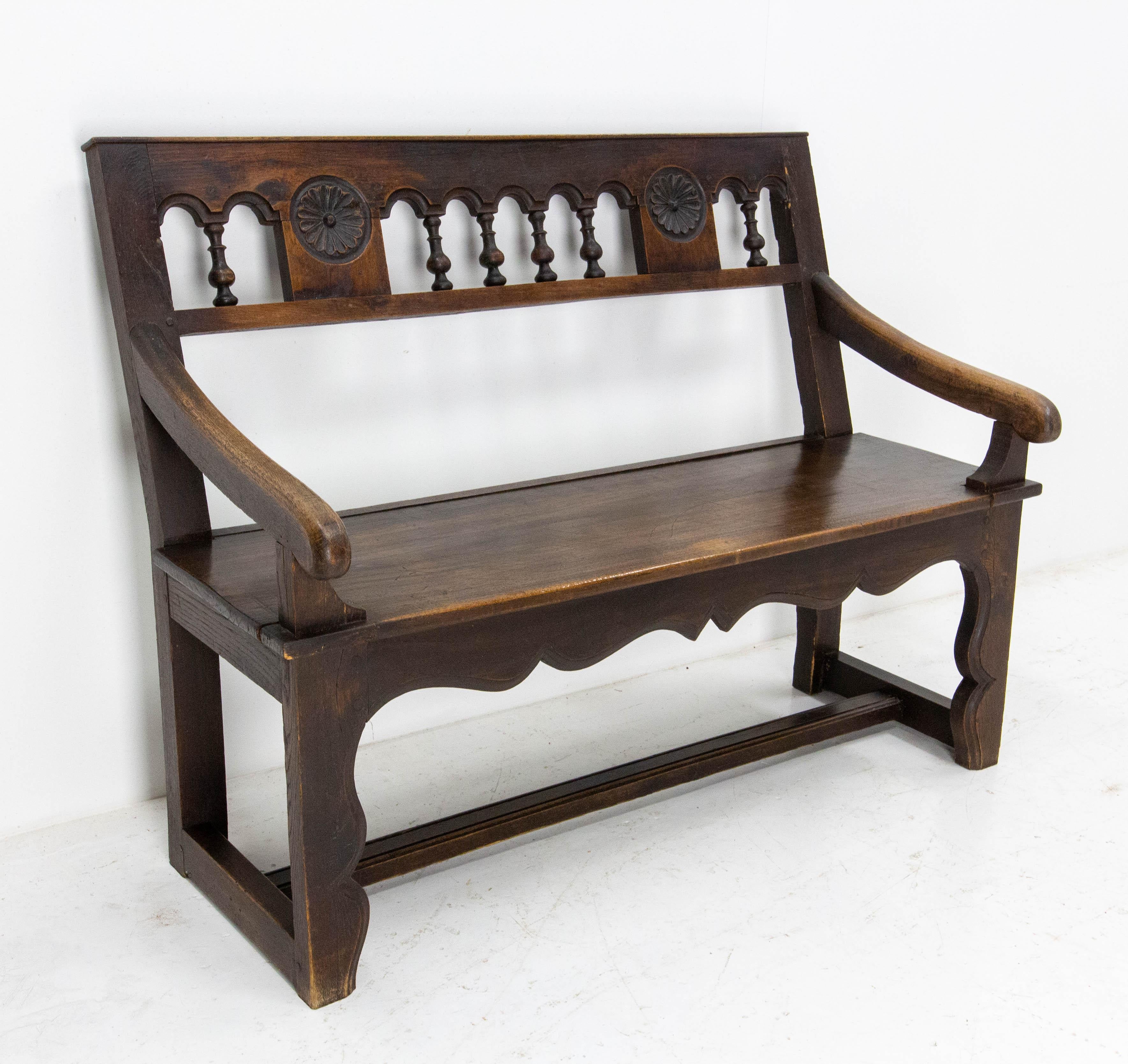 Chestnut bench circa 1900, Spanish 
Solid carved chestnut

Shipping:
L117 P 60 H90 cm, 19kg.
 