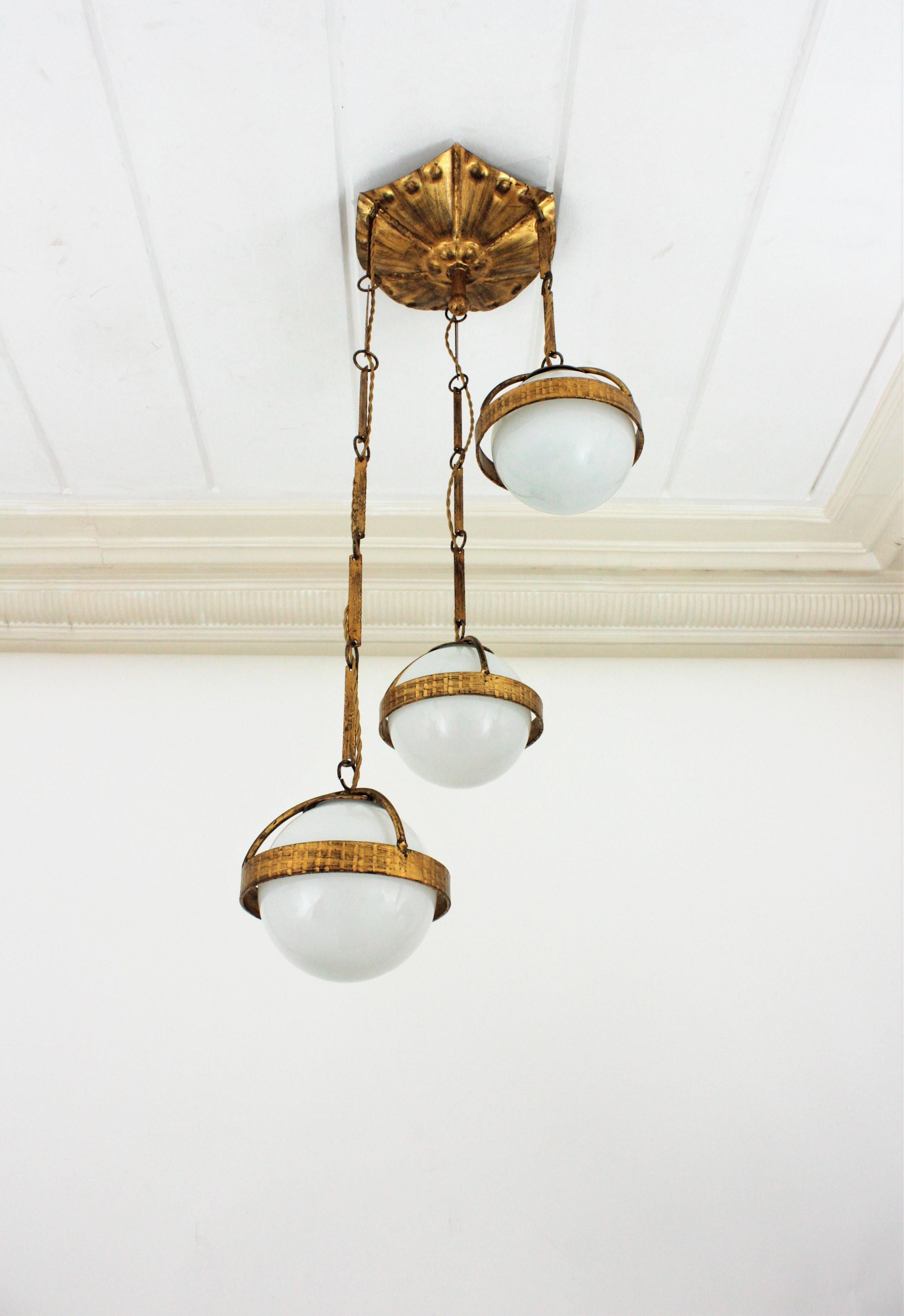 Spanish Cascade Chandelier / Pendant in Gilt Wrought Iron with Glass Globes 5
