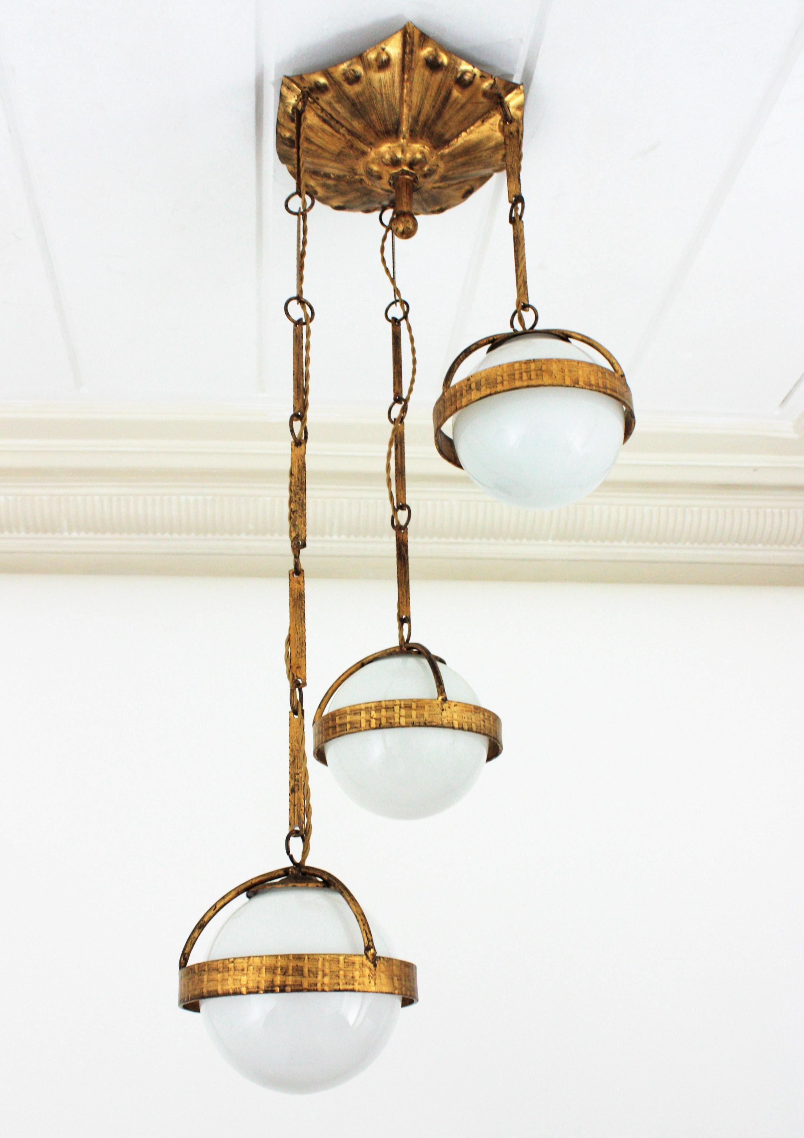 Spanish Cascade Chandelier / Pendant in Gilt Wrought Iron with Glass Globes 6