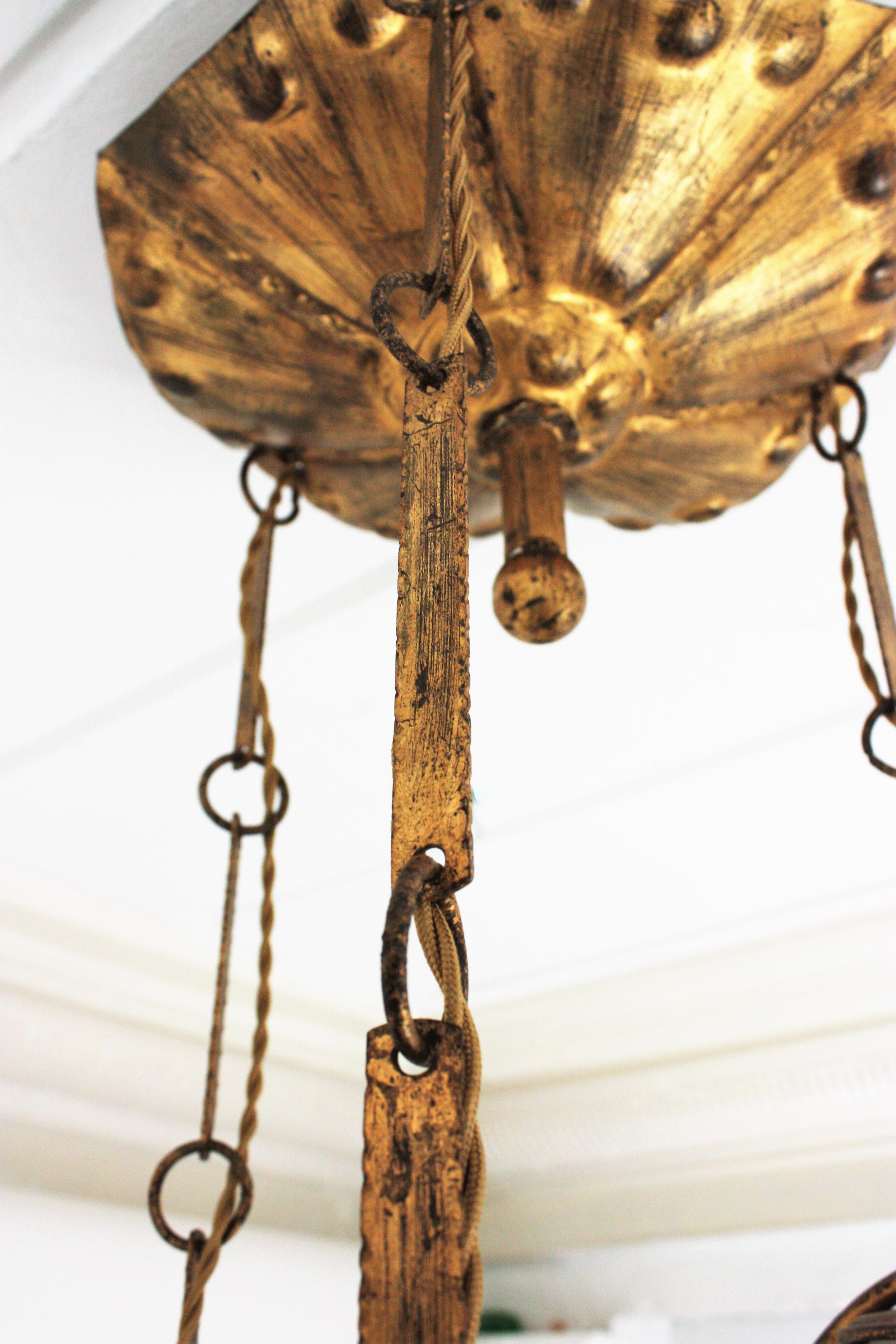 Spanish Cascade Chandelier / Pendant in Gilt Wrought Iron with Glass Globes 8