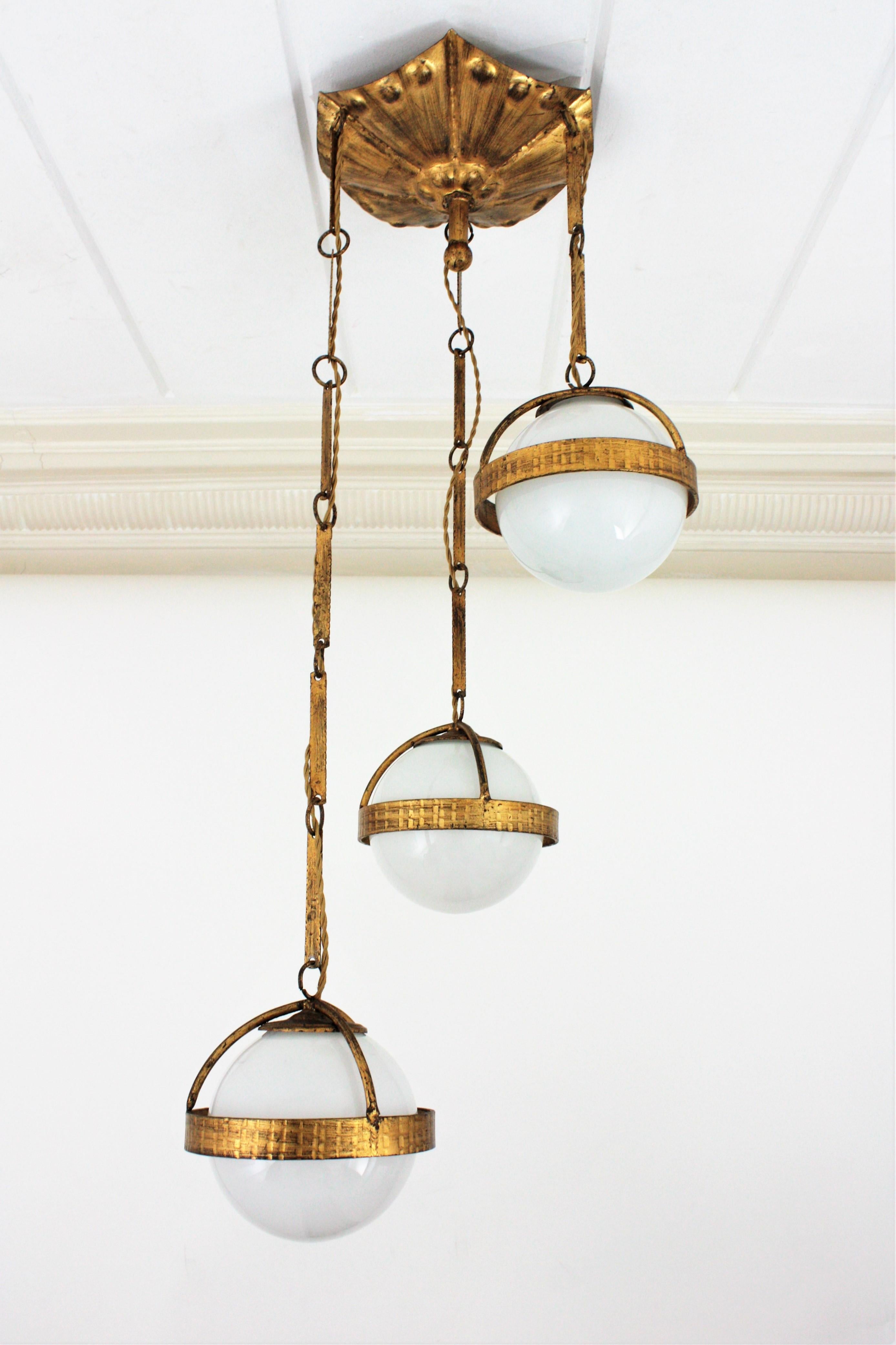 Forged Spanish Cascade Chandelier / Pendant in Gilt Wrought Iron with Glass Globes