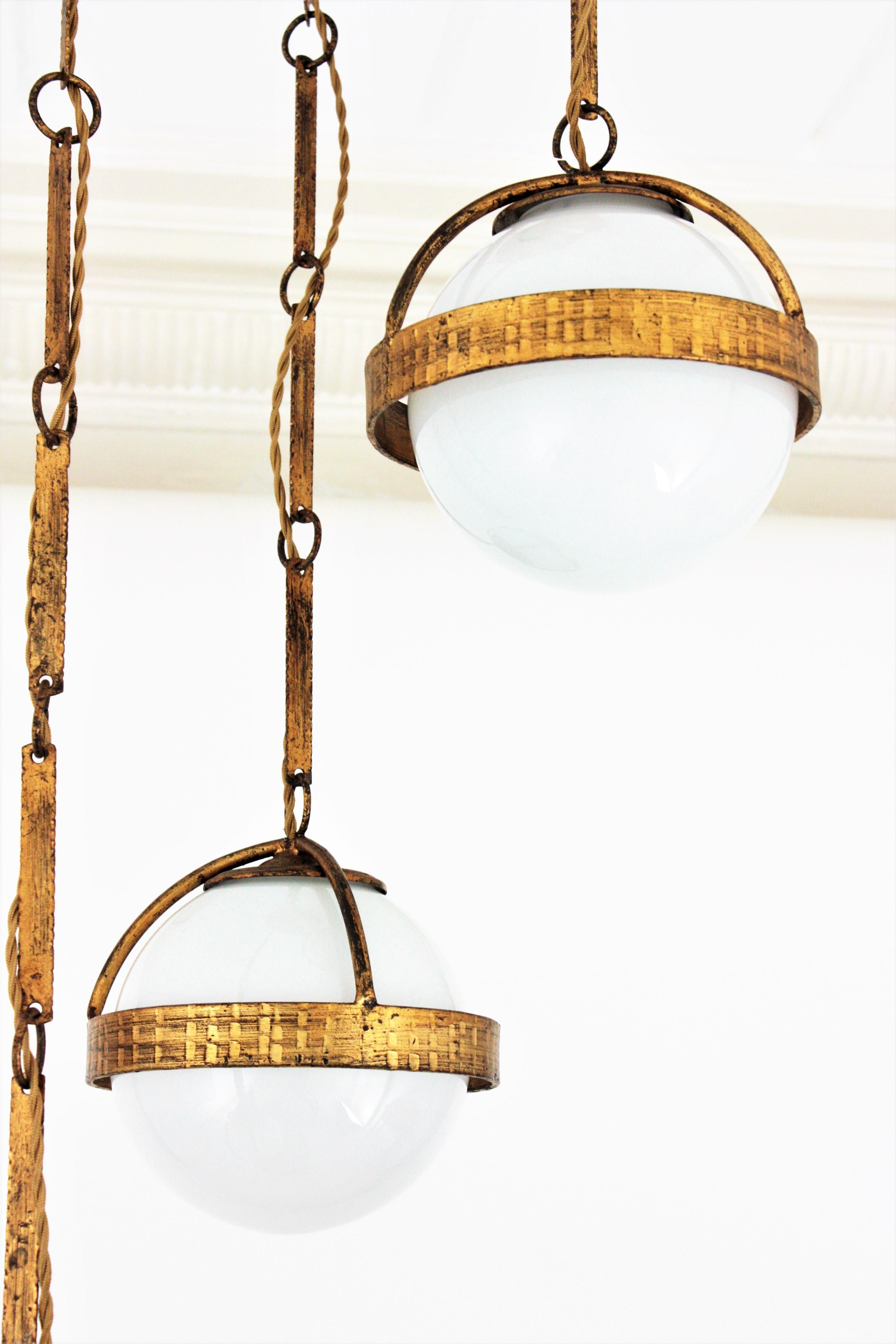 Spanish Cascade Chandelier / Pendant in Gilt Wrought Iron with Glass Globes In Good Condition In Barcelona, ES