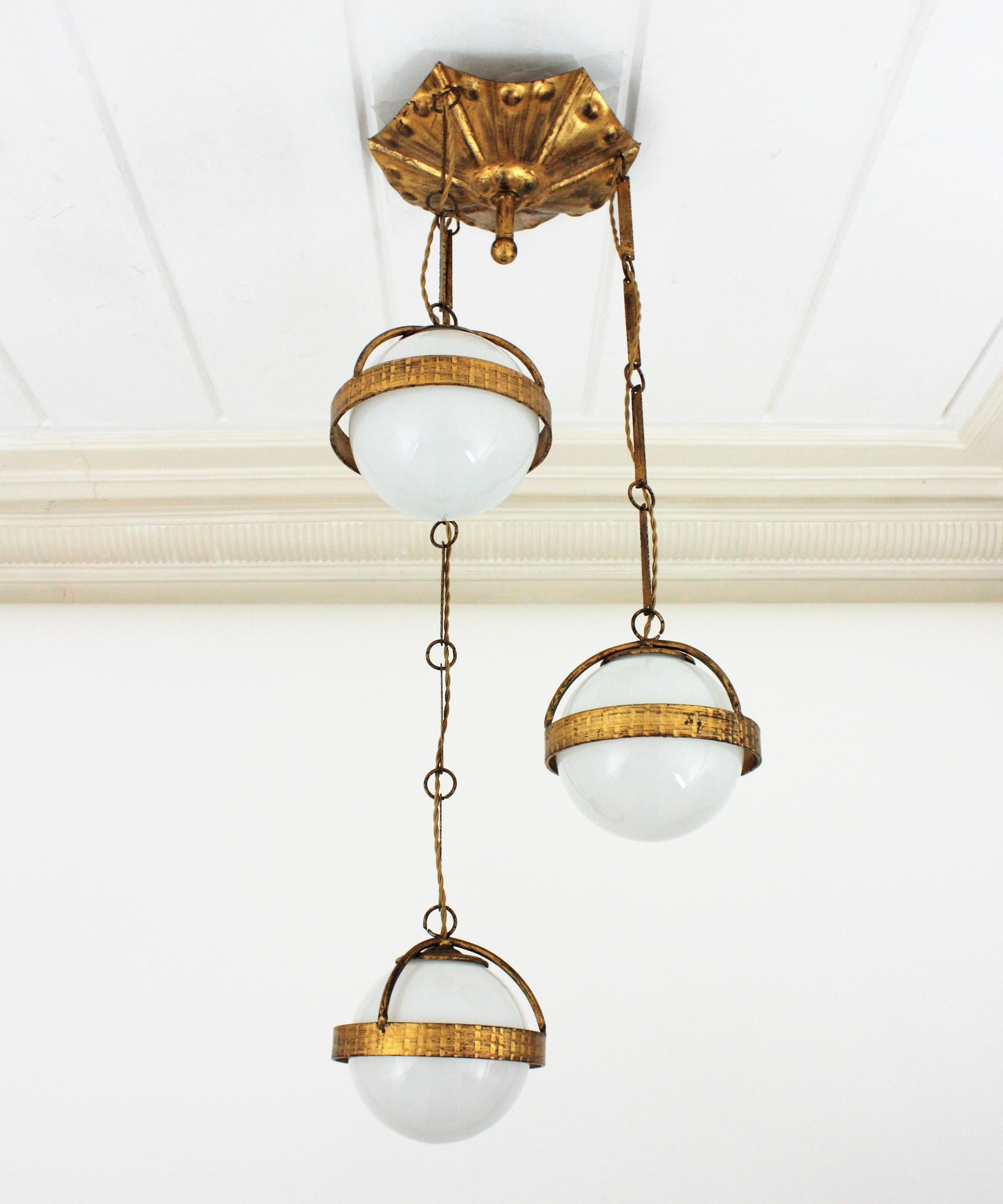 Spanish Cascade Chandelier / Pendant in Gilt Wrought Iron with Glass Globes 1