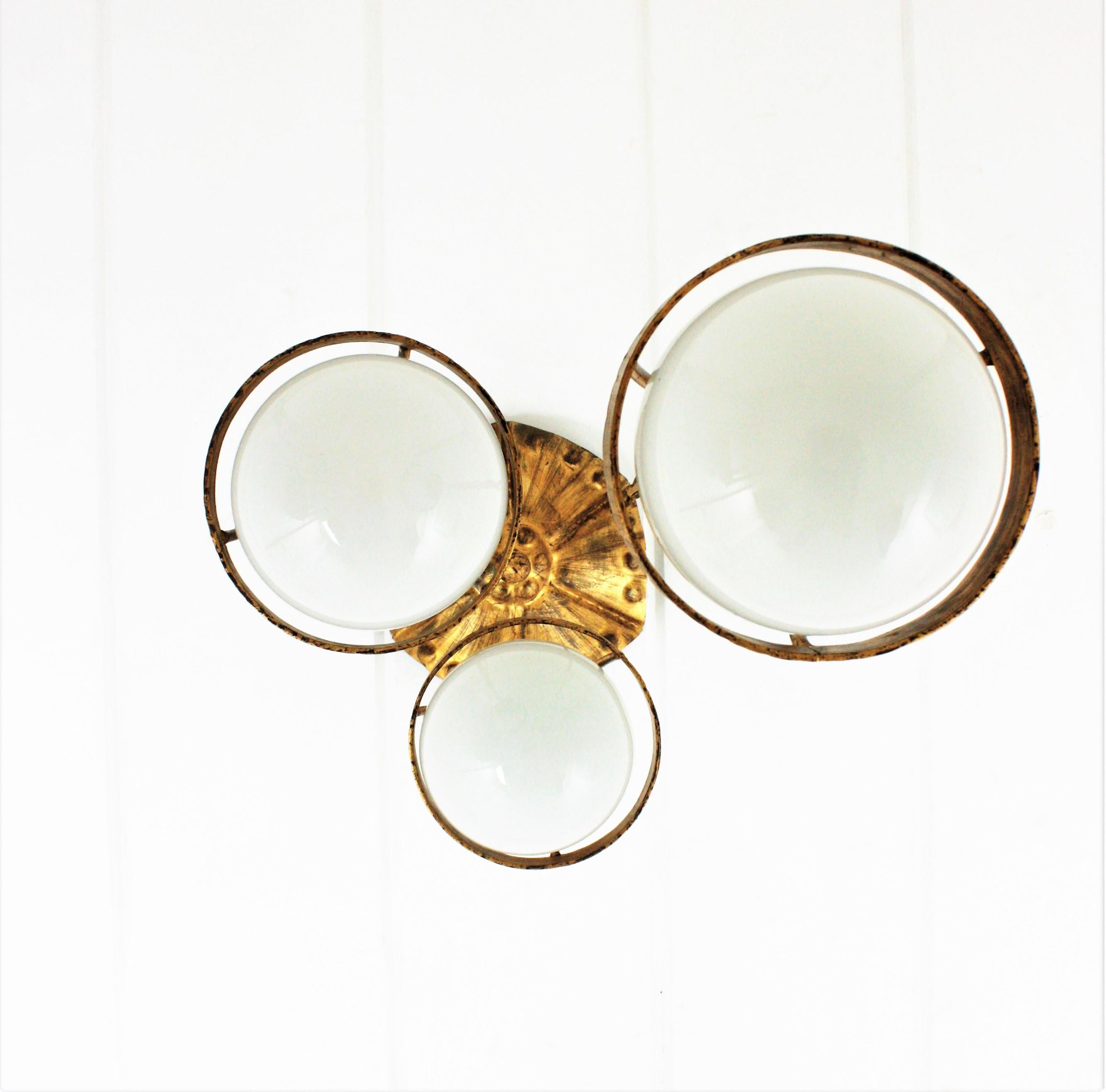 Spanish Cascade Chandelier / Pendant in Gilt Wrought Iron with Glass Globes 3