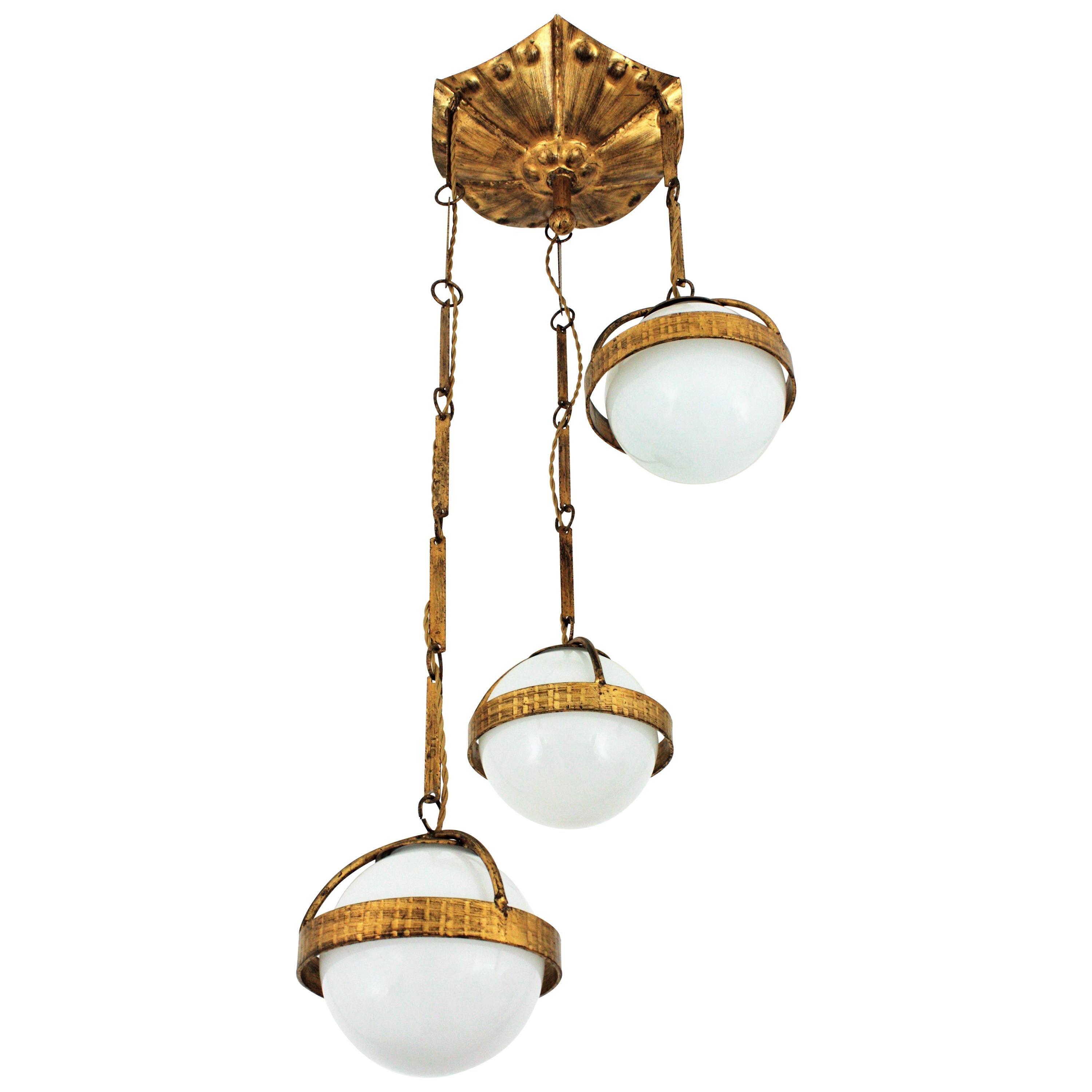 Spanish Cascade Chandelier / Pendant in Gilt Wrought Iron with Glass Globes