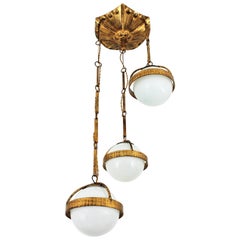 Vintage Spanish Cascade Chandelier / Pendant in Gilt Wrought Iron with Glass Globes