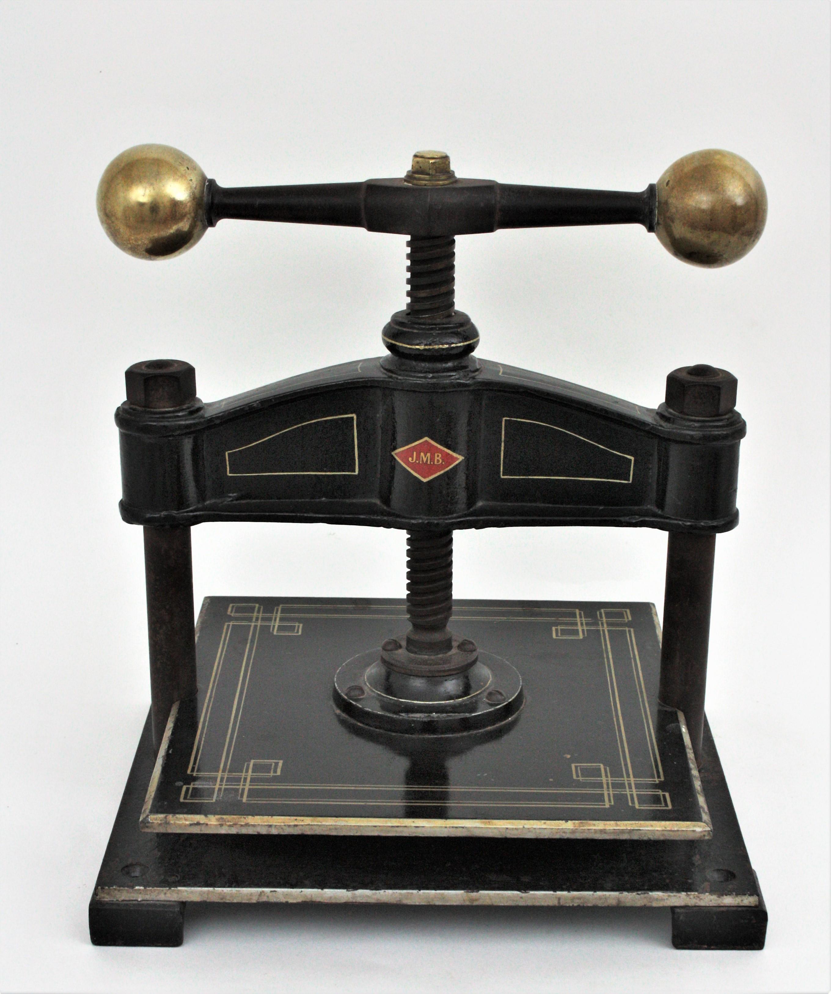 Industrial Spanish Cast Iron and Brass Paper Book Press, Early 20th Century