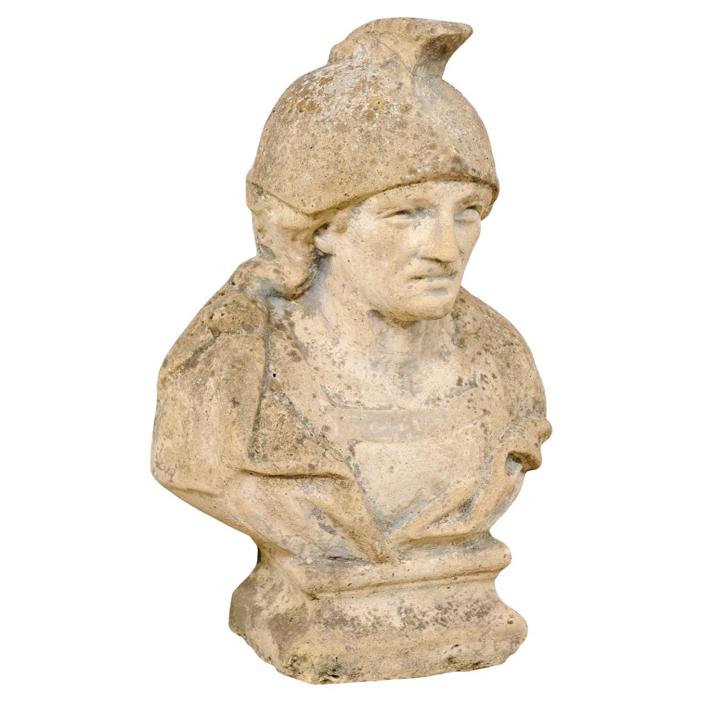 Spanish Cast-Stone Male Bust w/Helmet, 2 Ft Tall For Sale