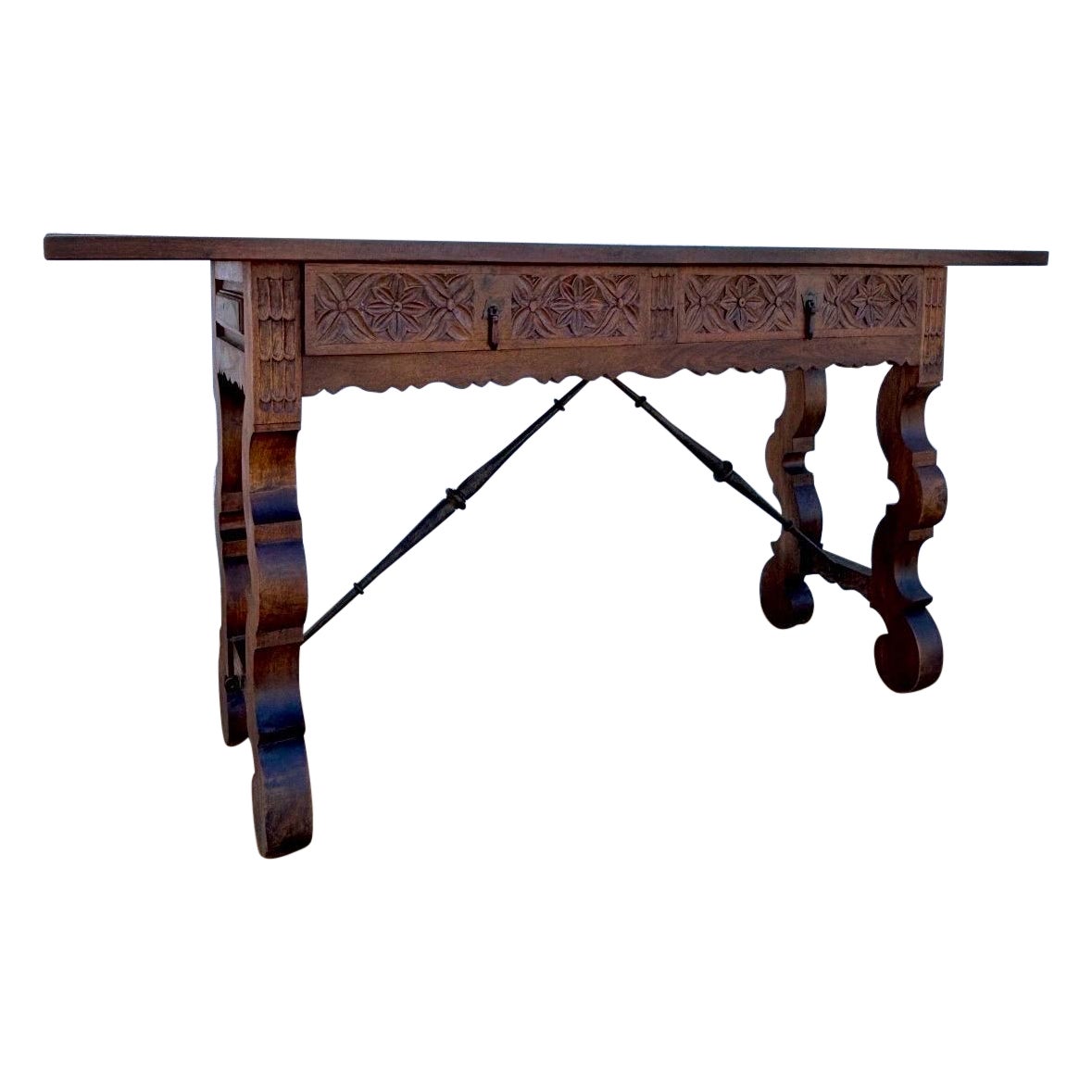 Spanish Castilian Carved Console Table with Scrolled Legs, Early 20th Century