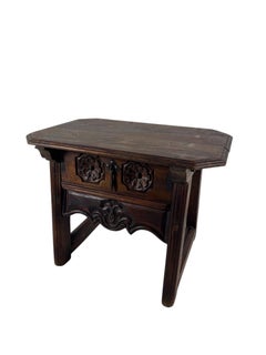Spanish Castilian Carved Wood Side Table with Iron Hardware, Early 20th Century