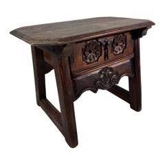 Spanish Castilian Carved Wood Side Table with Iron Hardware, Early 20th Century