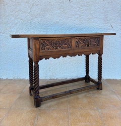 Spanish Castilian Console Table With Two Carved Drawers And Turned Legs, 1890s