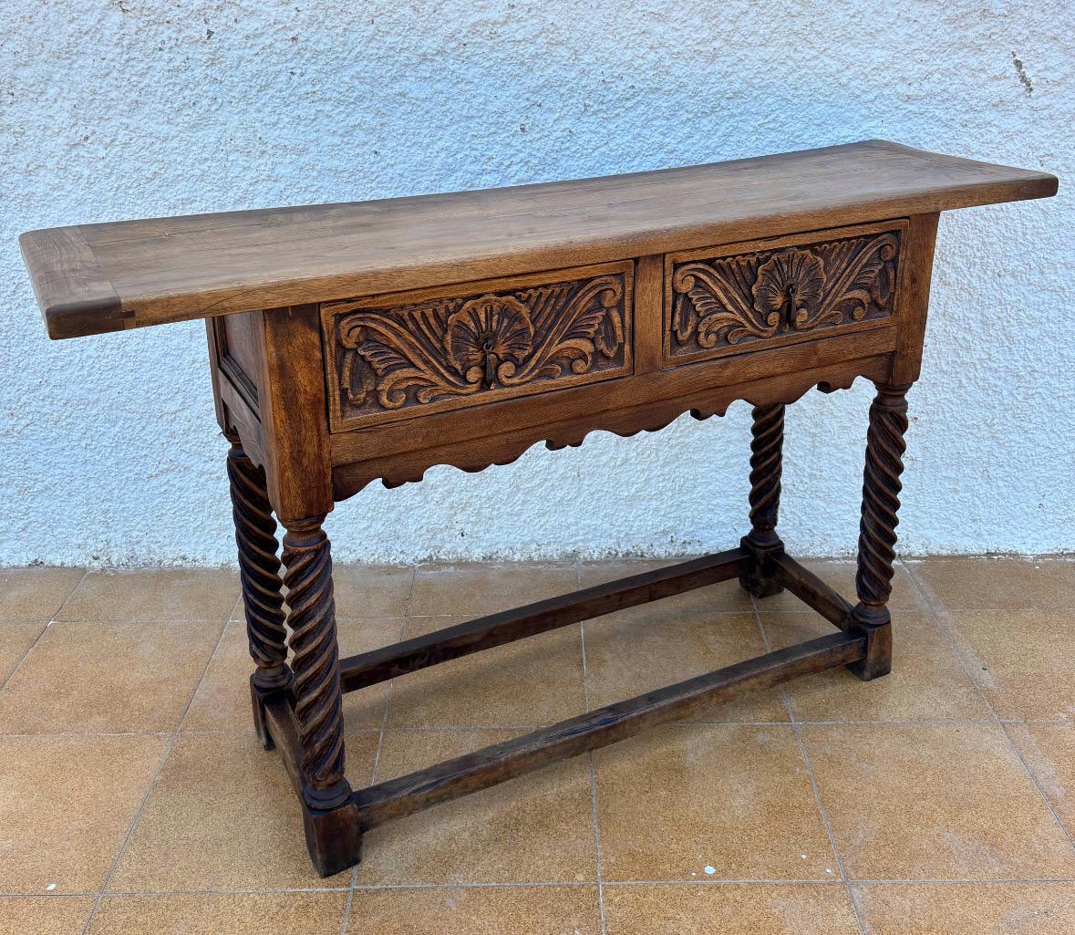 Baroque Spanish Castilian Console Table With Two Carved Drawers And Turned Legs, 1890s For Sale