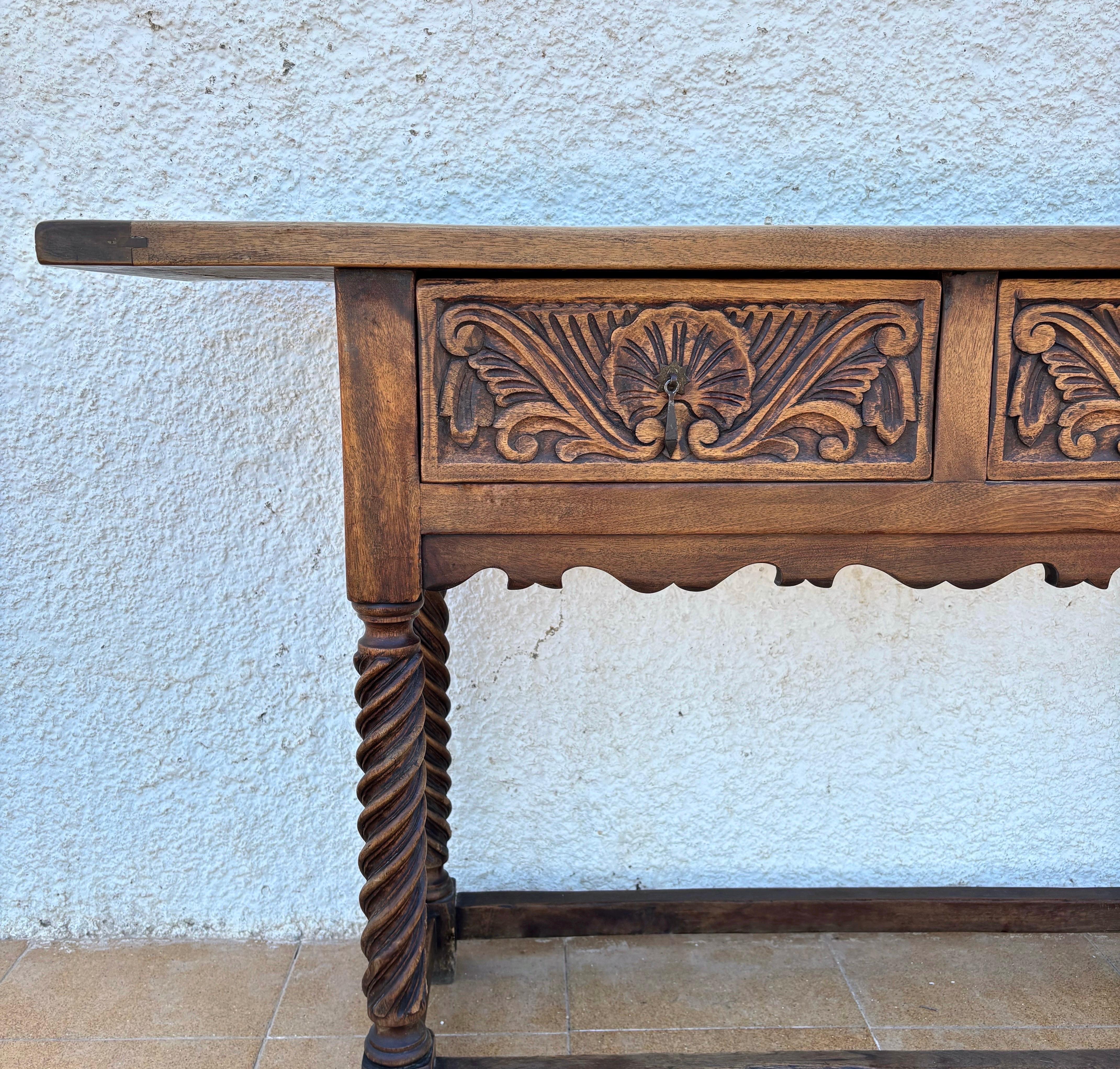Hand-Carved Spanish Castilian Console Table With Two Carved Drawers And Turned Legs, 1890s For Sale