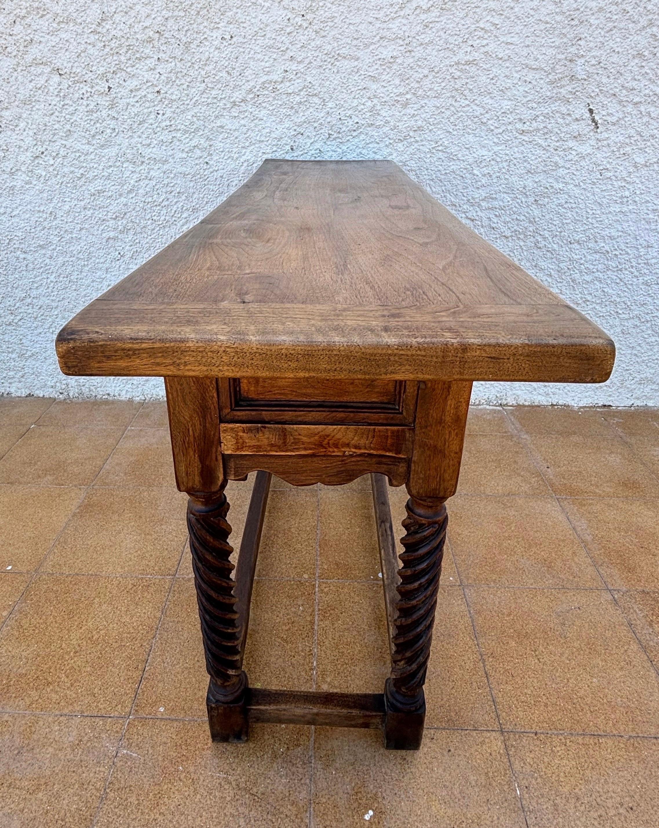 Iron Spanish Castilian Console Table With Two Carved Drawers And Turned Legs, 1890s For Sale