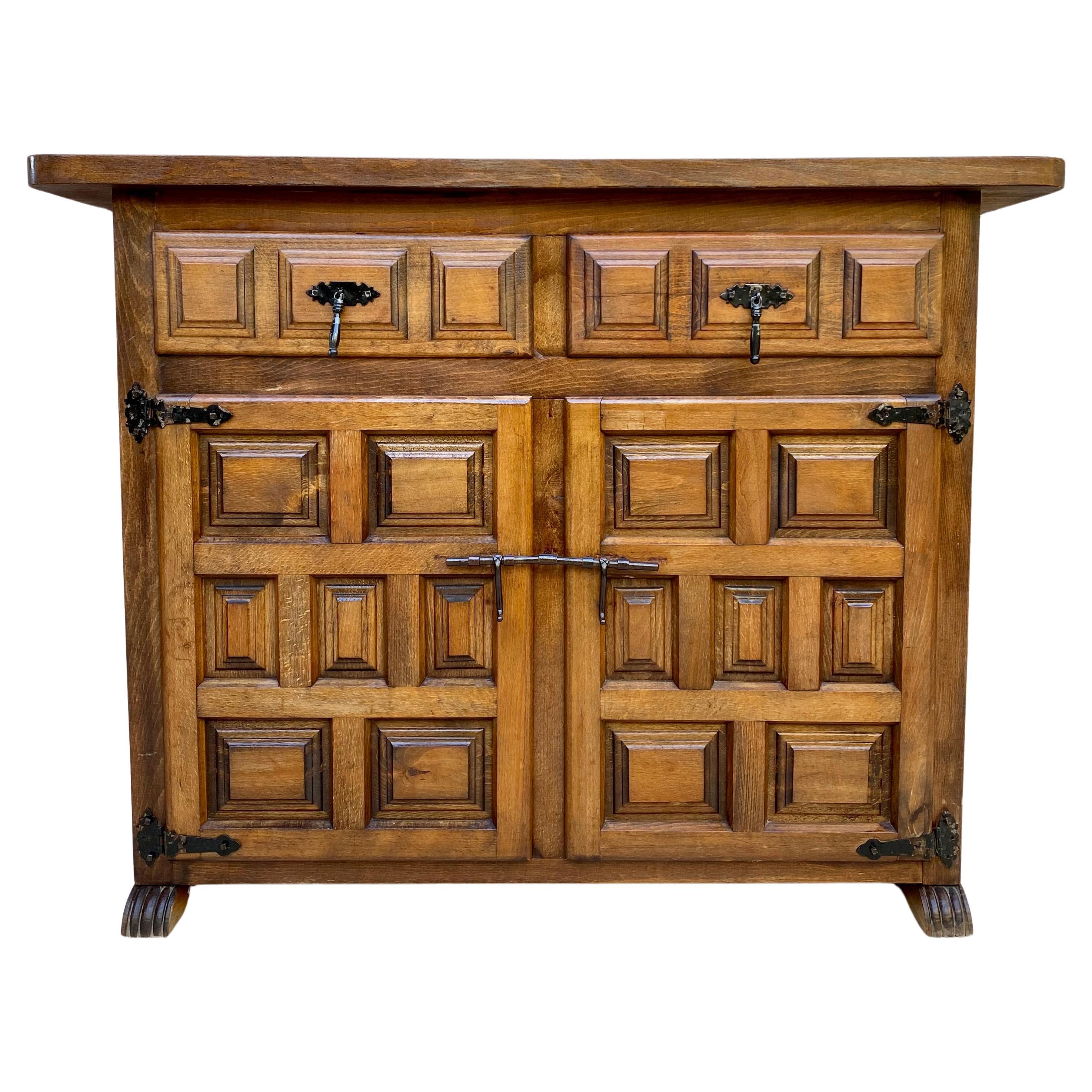Spanish Catalan Carved Walnut Chest of Drawers, Highboy or Console, 1920s
