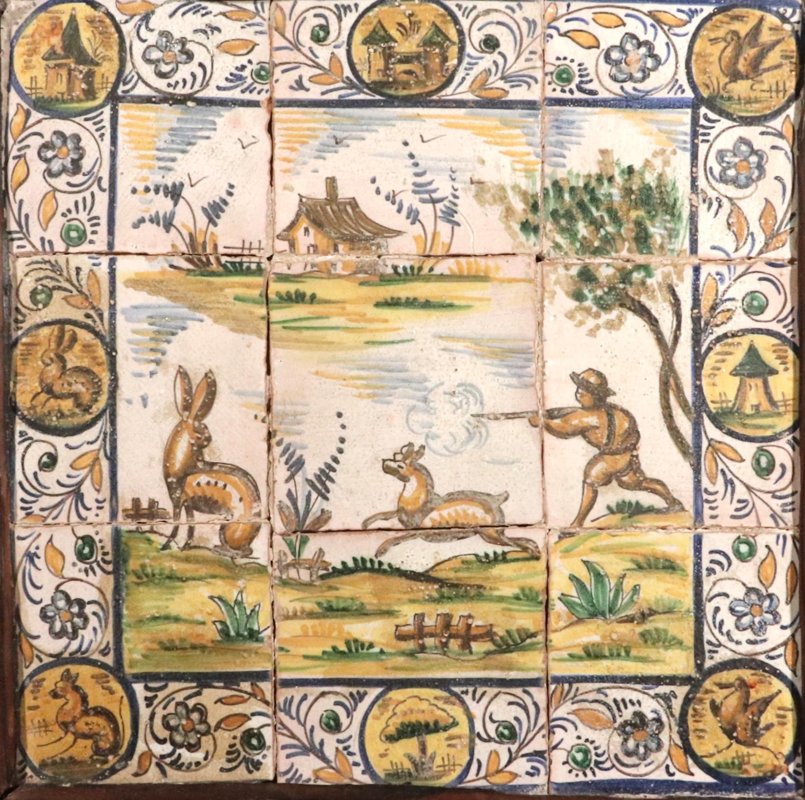 Country Spanish Catalan Faience Hunting Subject Tile Picture For Sale