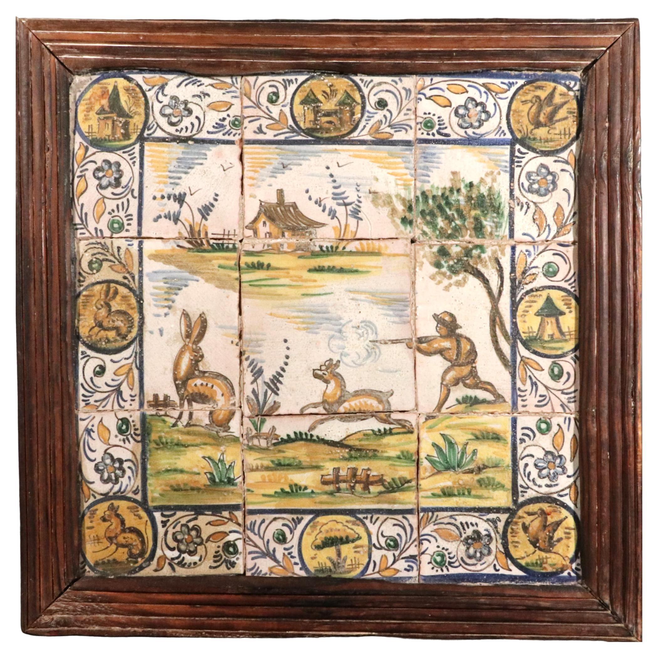 Spanish Catalan Faience Hunting Subject Tile Picture For Sale