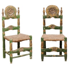 Spanish Catalonian Pair of Ornately Carved & Painted Wood Chairs w/Rush Seats