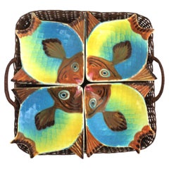 Spanische Keramik-Fischschalen und Rattan-Tablett Snacks Set