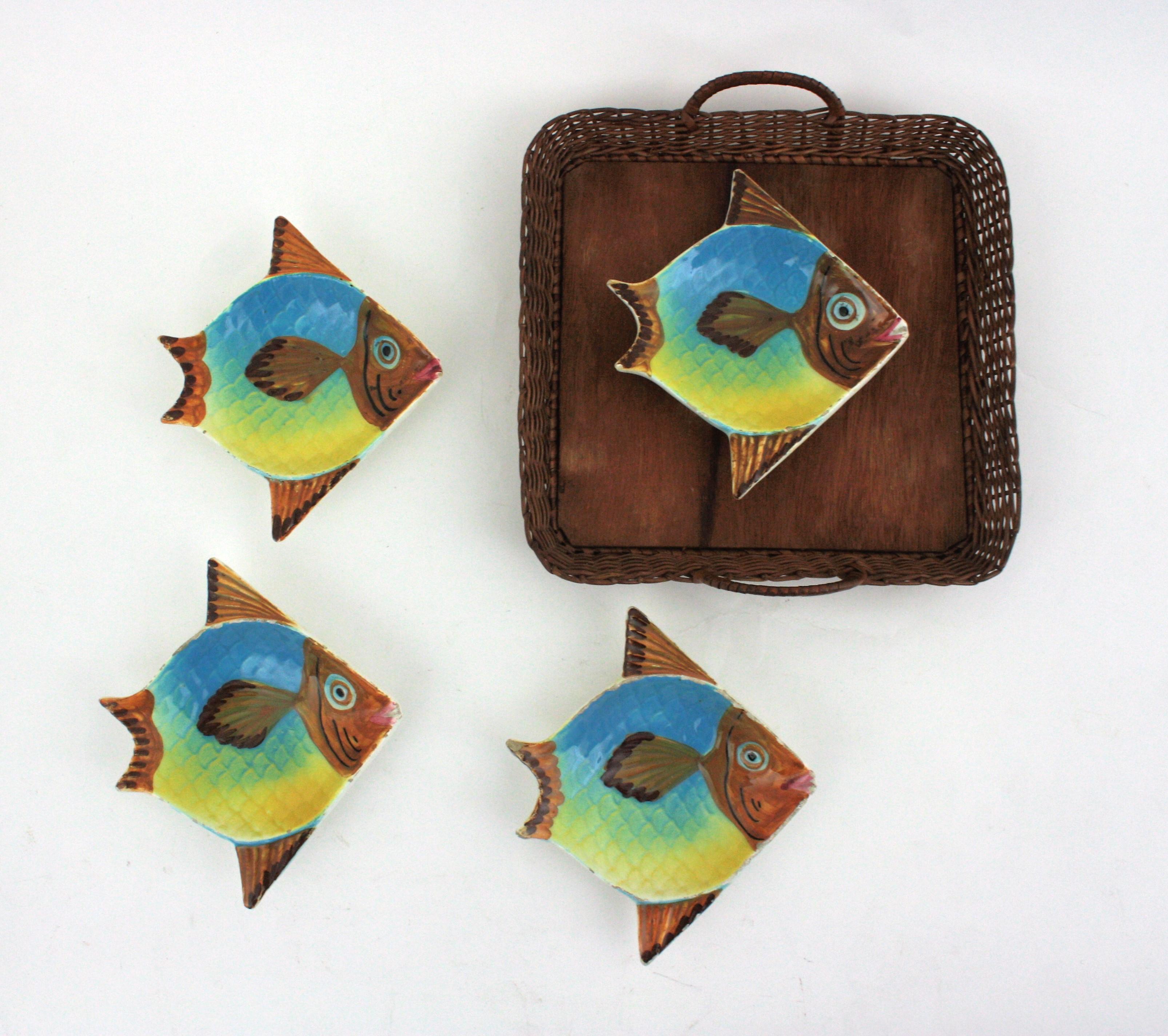 Mid-Century Modern Spanish Ceramic Fish Bowls and Rattan Tray Snacks Set For Sale