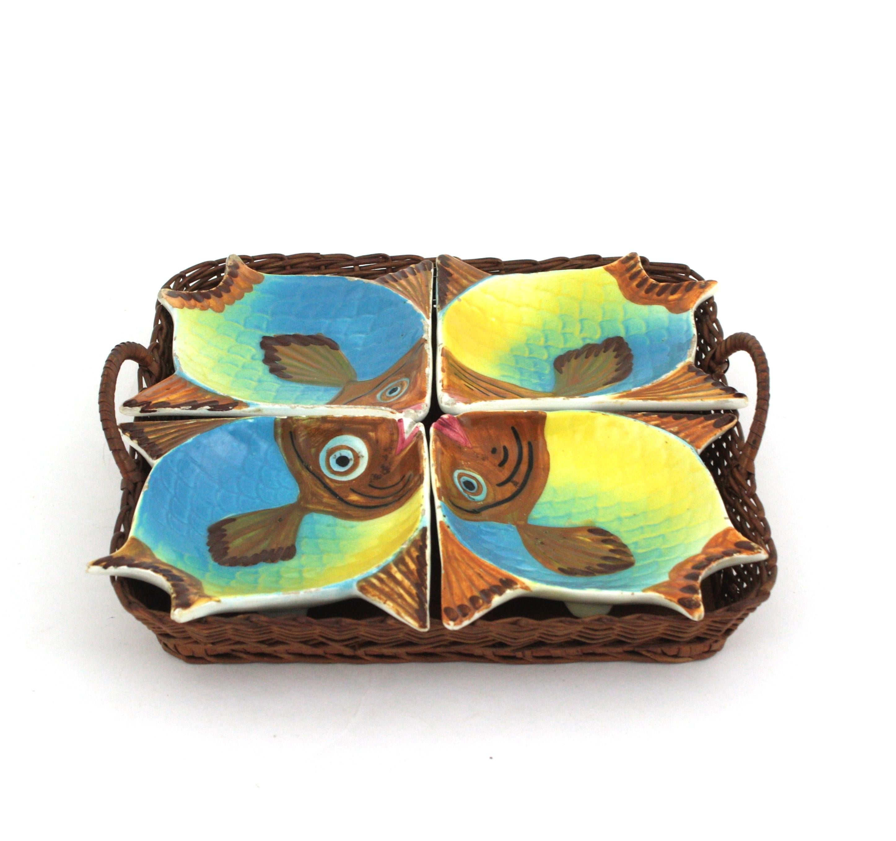 Glazed Spanish Ceramic Fish Bowls and Rattan Tray Snacks Set For Sale