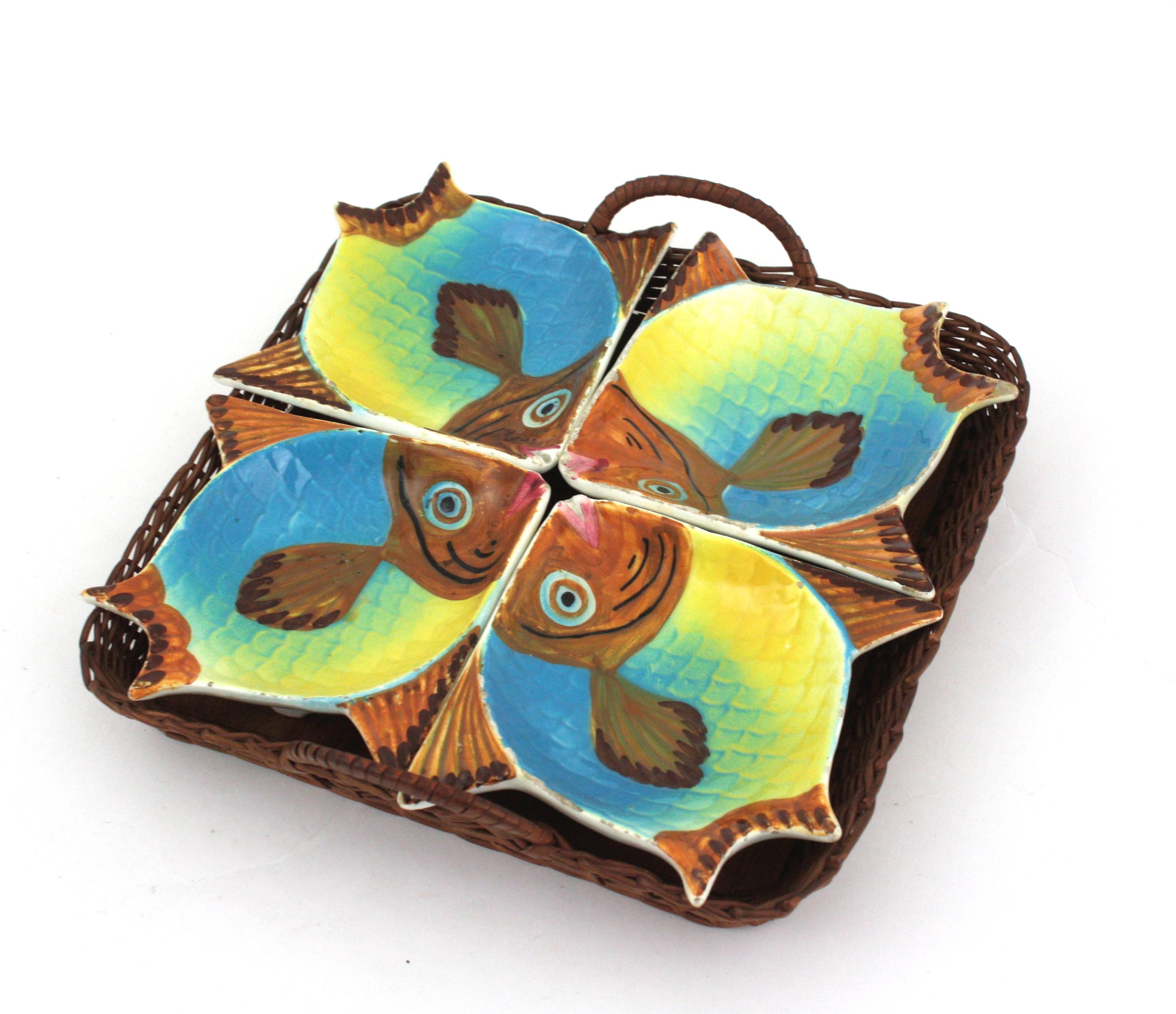 20th Century Spanish Ceramic Fish Bowls and Rattan Tray Snacks Set For Sale