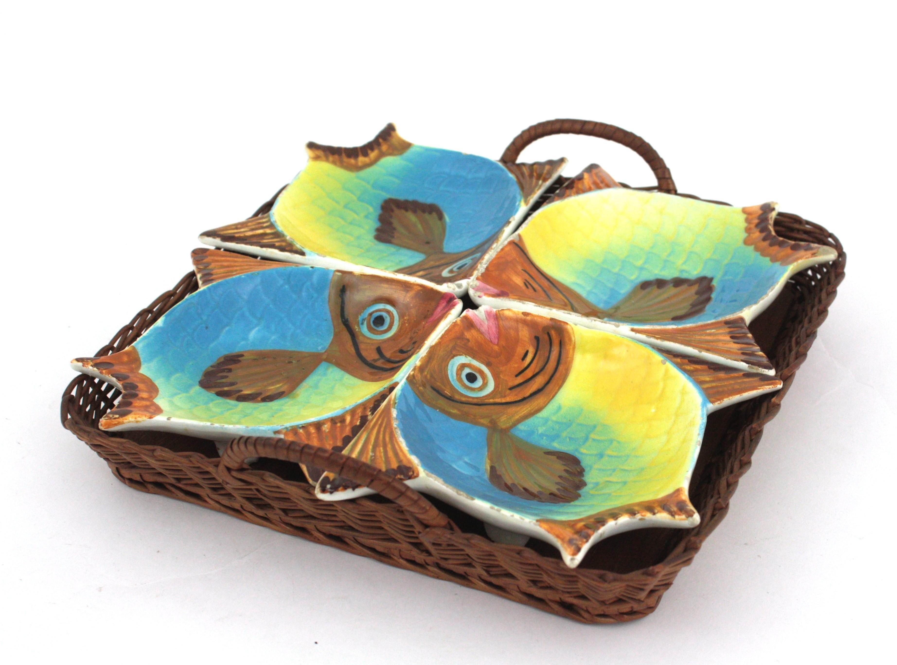 Spanish Ceramic Fish Bowls and Rattan Tray Snacks Set For Sale 1